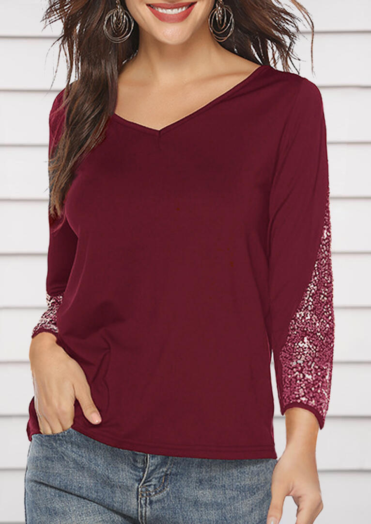 

Tees T-shirts Sequined Splicing Long Sleeve V-Neck T-Shirt Tee - Burgundy. Size: S,M