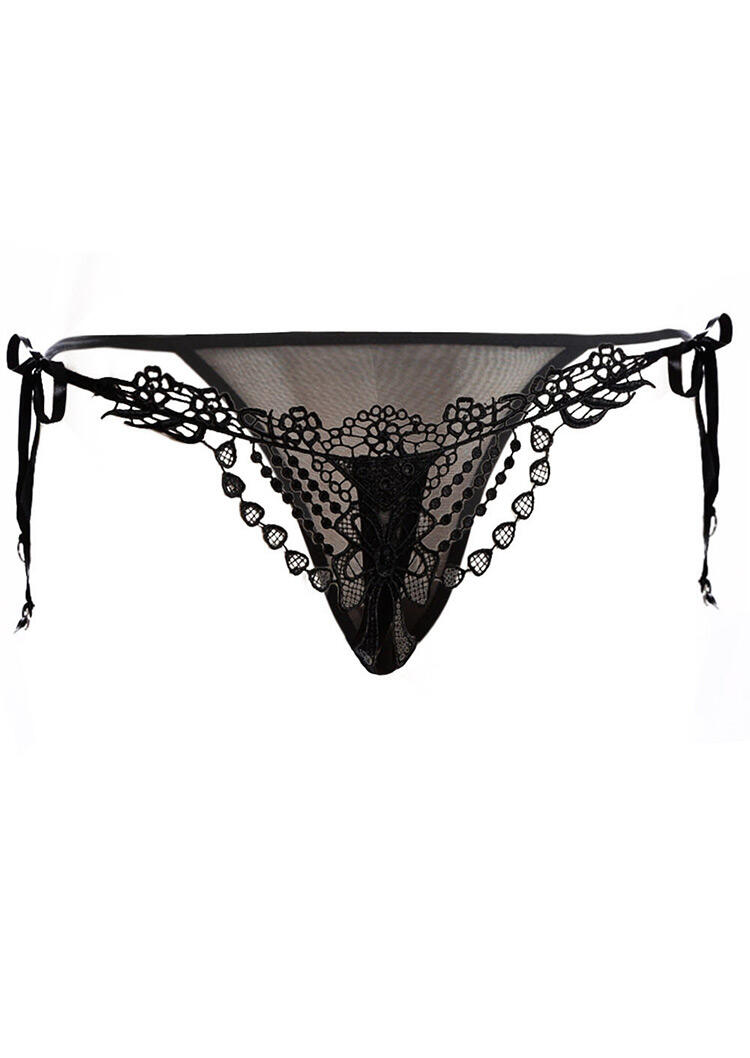 

Embroidered and Beaded Thong Lace Floral Panties in Black. Size
