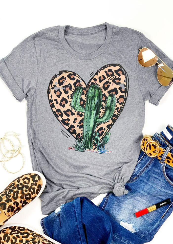 Leopard Printed Cactus Heart O-Neck T-Shirt Tee – Gray