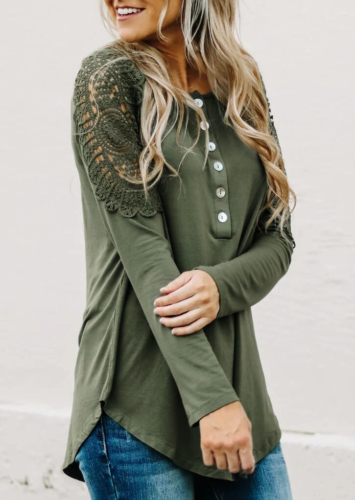 

Lace Splicing Hollow Out Button Asymmetric Blouse - Army Green, 462458
