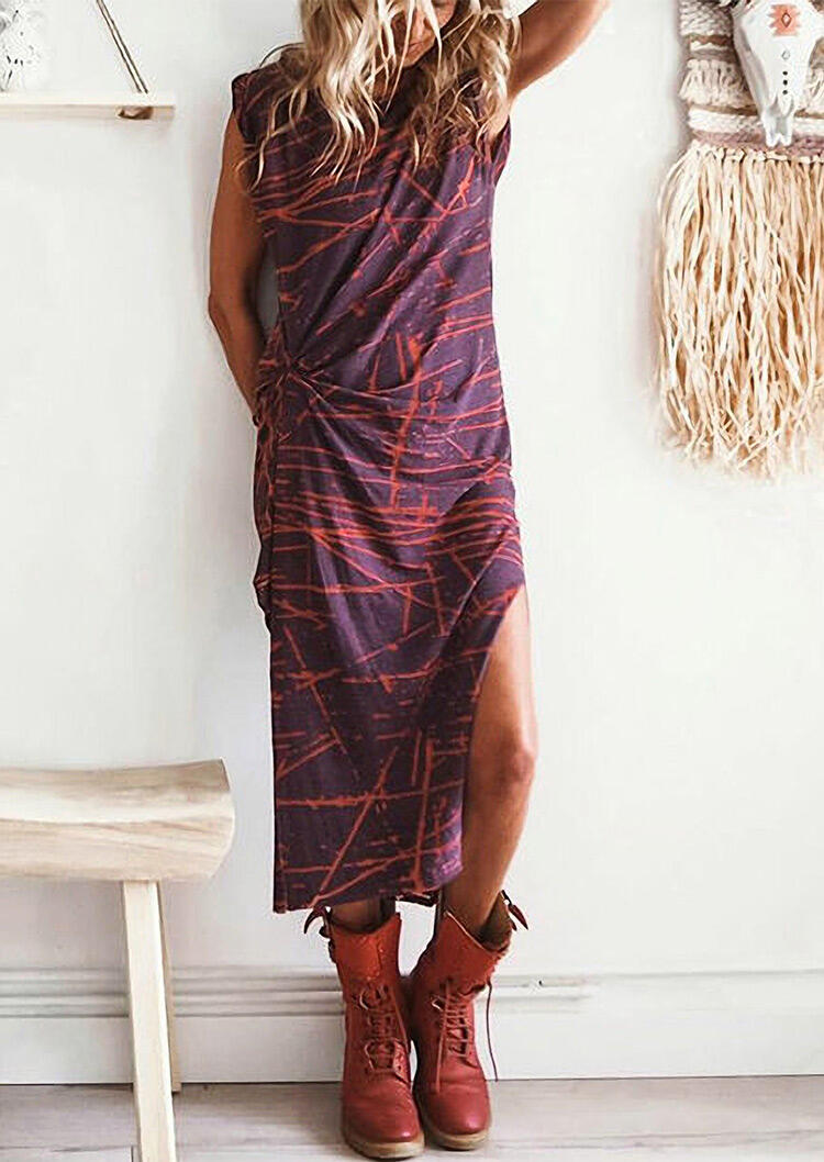 

Printed Slit Ruffled Asymmetric Casual Dress - Purple, 462461