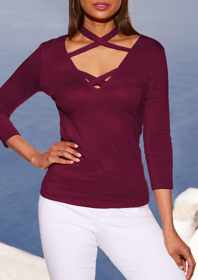

Burgundy Criss-Cross Cut Out Hollow Out V-Neck Halter Blouse Top for Women