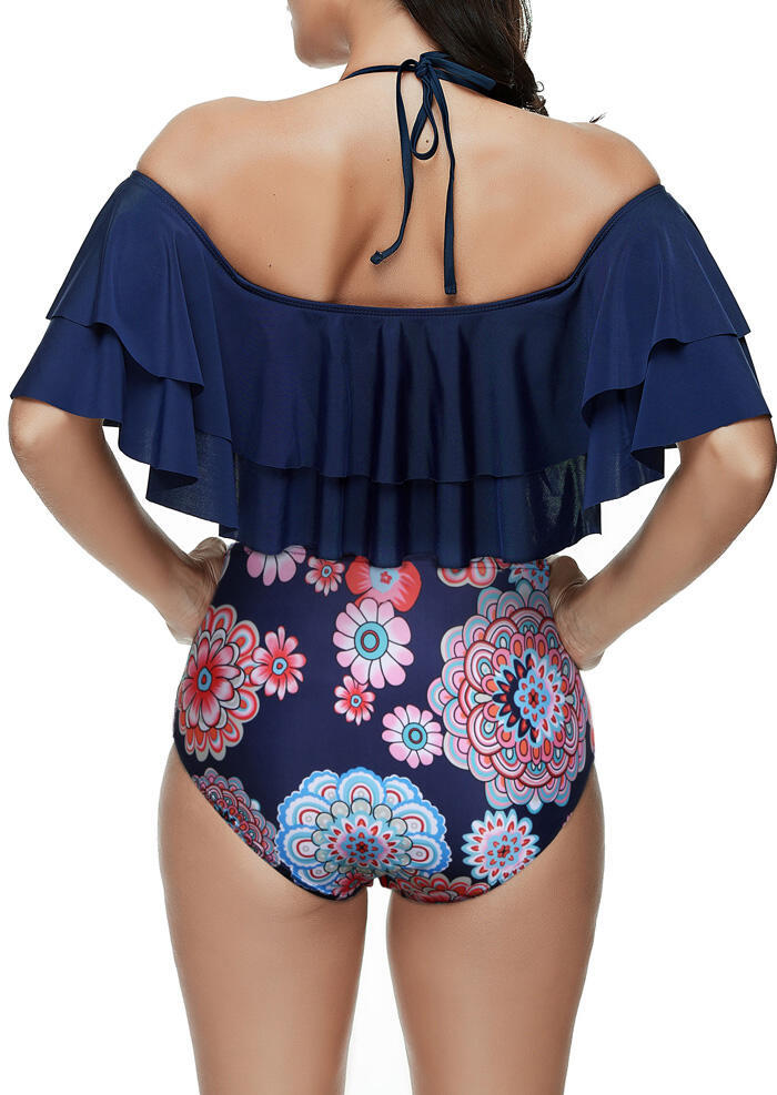 

Bikini Sets Floral Printed Ruffled Halter Bikini Sets in Blue. Size: L,M