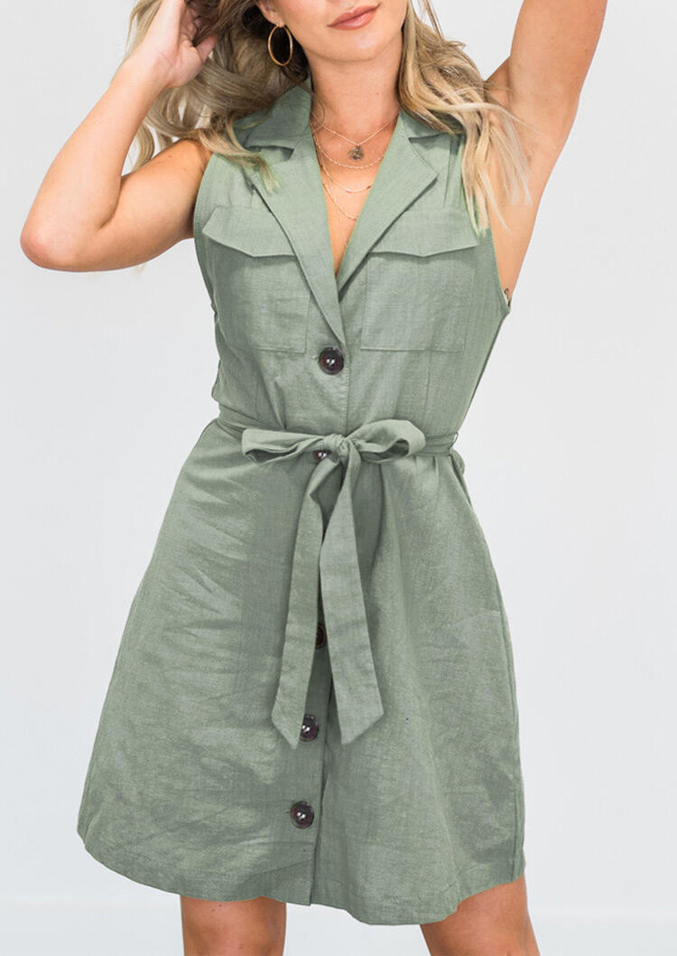 Mini Dresses Button Pocket Tie Mini Dress without Necklace - Light Green in Green. Size: L,M