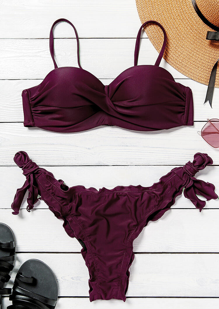 Bikini Sets Ruffled Tie Low Waist Bikini Set in Purple. Size: XL