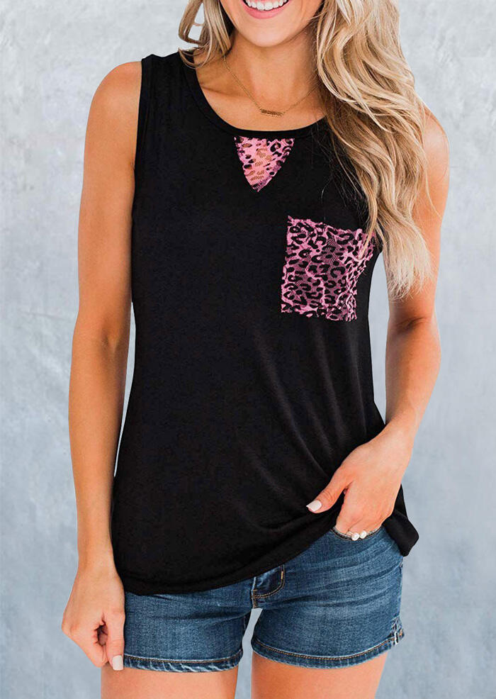 

Leopard Printed Splicing Pocket Tank without Necklace - Black, 462603
