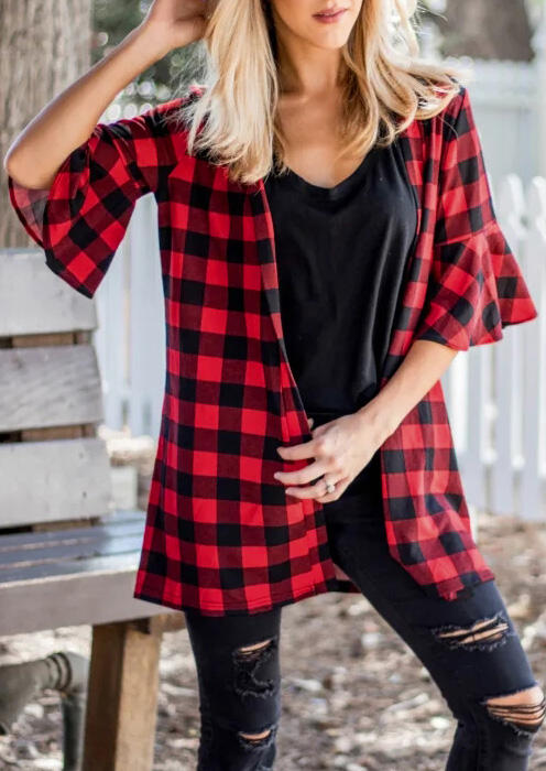 

Plaid Flare Sleeve Cardigan - Red, 462612