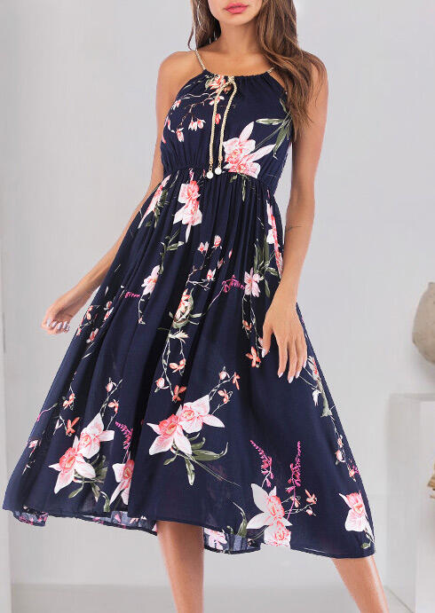 

Floral Pearl Tie Ruffled Casual Dress - Navy Blue, 462640