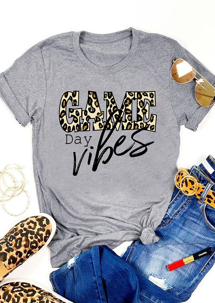 

Leopard Printed Splicing Game Day Vibes T-Shirt Tee - Gray, 462641