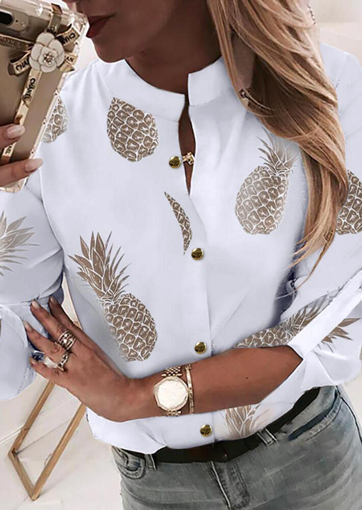 

Blouses Pineapple Button Tab-Sleeve Blouse without Necklace in White. Size