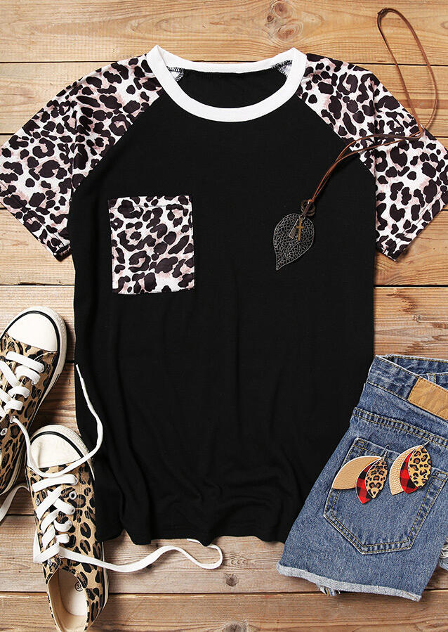 

Tees T-shirts Leopard Printed Splicing Pocket T-Shirt Tee - Black. Size