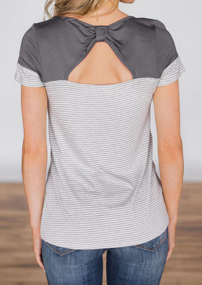 

Striped Splicing Hollow Out T-Shirt Tee without Necklace - Gray, 462760