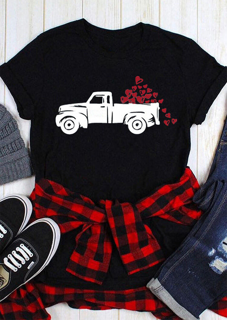 Love Heart Truck O-Neck T-Shirt Tee – Black