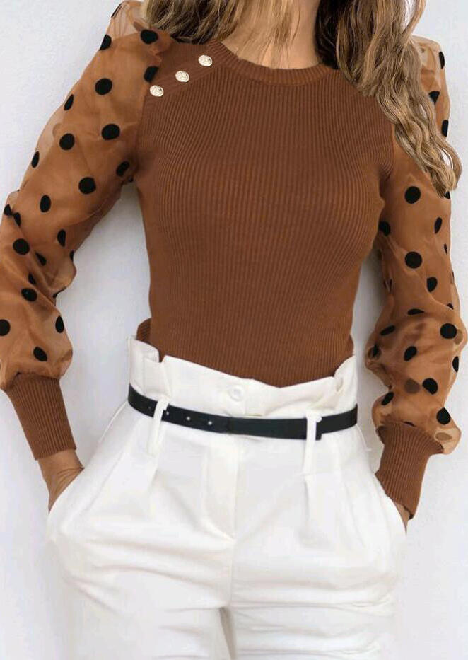 

Polka Dot Button Puff Sleeve Blouse - Brown, 462024
