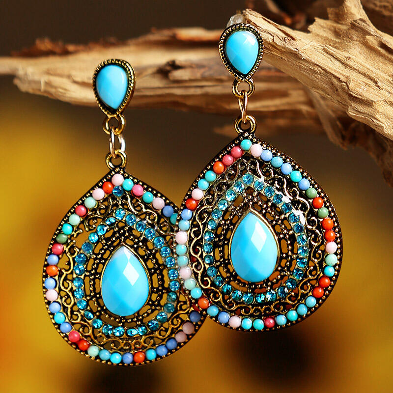 

Rhinestone Bead Water Drop Shaped Bohemian Earrings, Blue;green, 462885