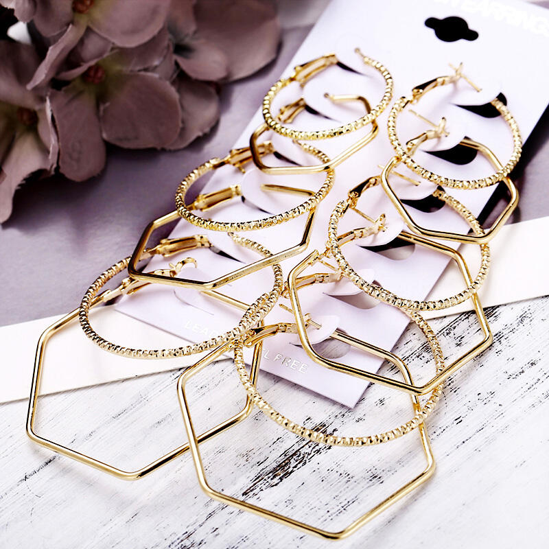 

Six Paires/Set Women's Fashion Geometric Polygonal Earrings, Gold, 462908
