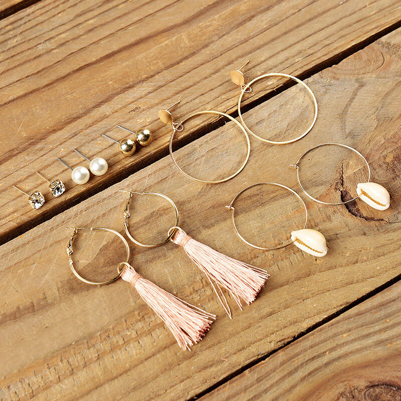 

Earrings Six Pairs Pearl Circle Tassel Stud Earrings. Size, Gold