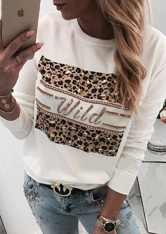 

Rhinestone Wild Leopard Printed Splicing T-Shirt Tee - White, 462957