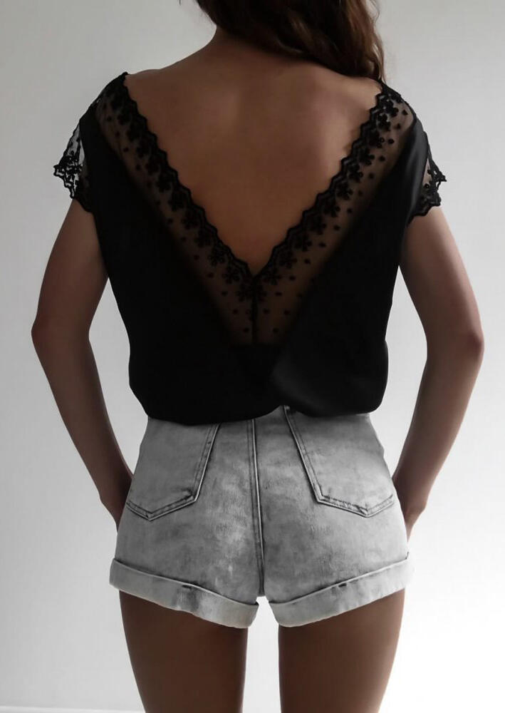 

Open Back Lace Splicing Deep V-Neck Blouse - Black, 462986
