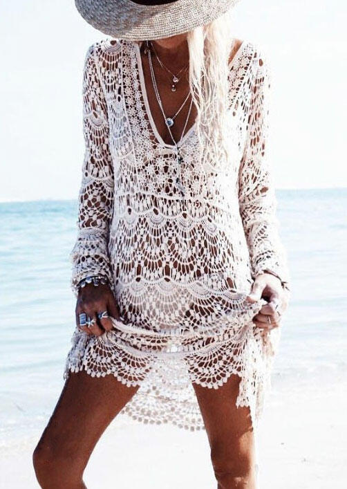 

Hollow Out Lace V-Neck Cover Up without Necklace - White, 463031