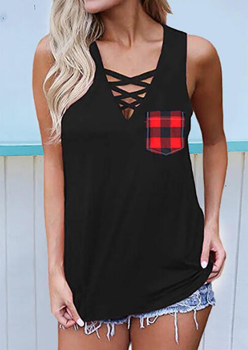 

Criss-Cross Plaid Splicing Pocket Tank - Black, 463013