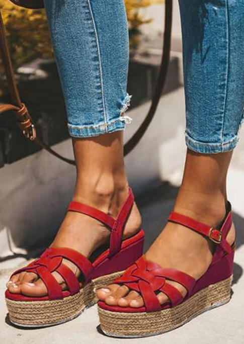

Criss-Cross Buckle Strap Platform Wedge Sandals, Red, 463184
