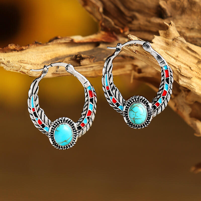 

Vintage Turquoise Feather Round Earrings, Cyan, 462999