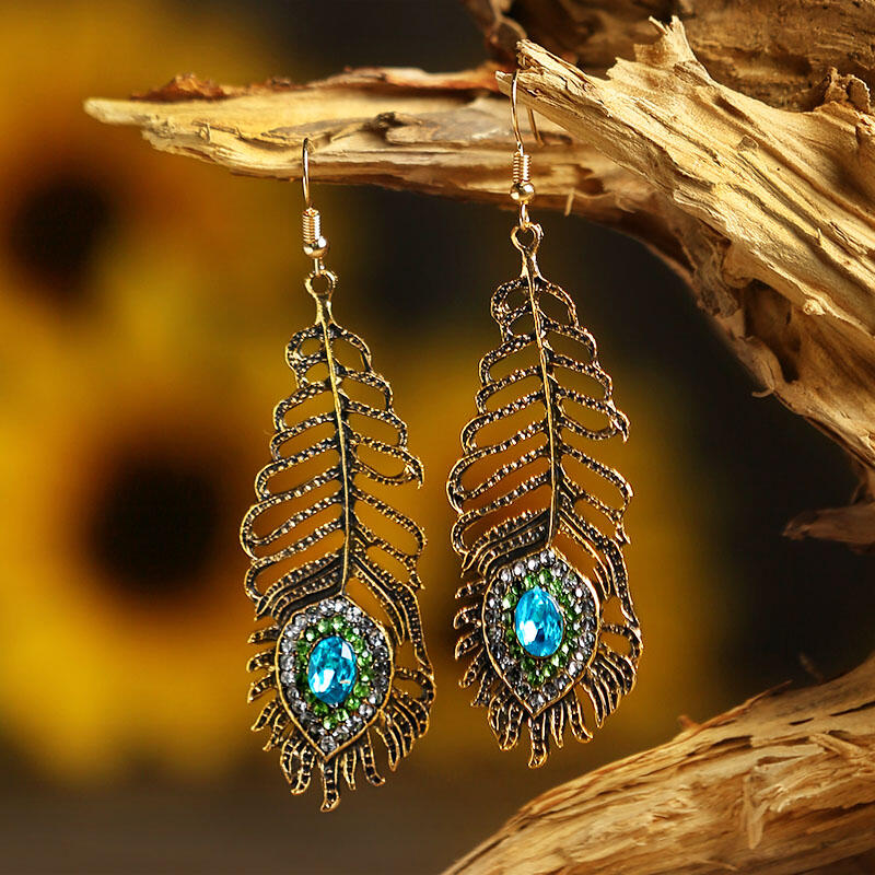 

Earrings Hollow Out Shiny Rhinestone Feather Earrings. Size, Gold