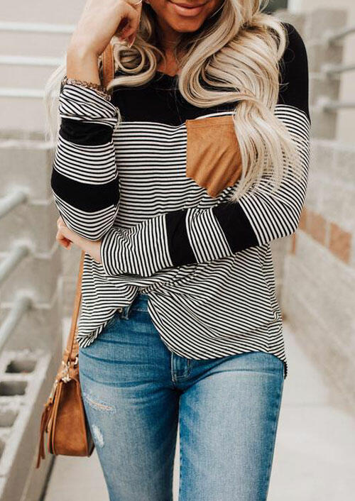 

Black and White Striped Splicing Pocket Long Sleeves T-Shirt Tee