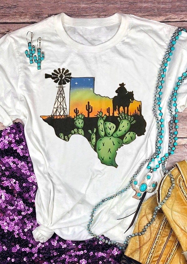 

Cactus Cowboy Texas Map T-Shirt Tee - White, 463257