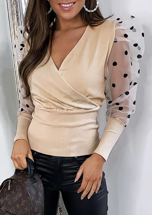 

Mesh Splicing Polka Dot Wrap Blouse - Apricot, 463292
