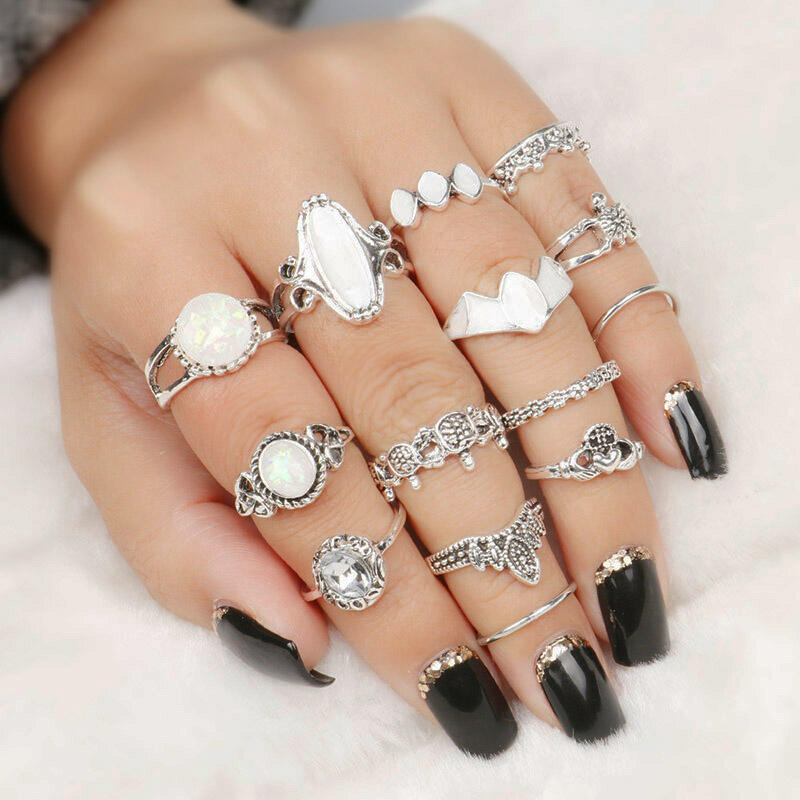 

Rings 14Pcs Rhinestone Embellished Silver Metal Ring Set. Size