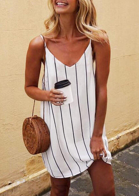 Striped Spaghetti Strap Mini Dress - White, 452279