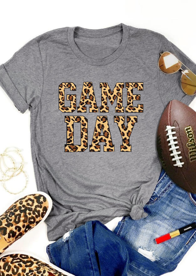 

Tees T-shirts Leopard Printed Game Day T-Shirt Tee - Gray. Size: S,M