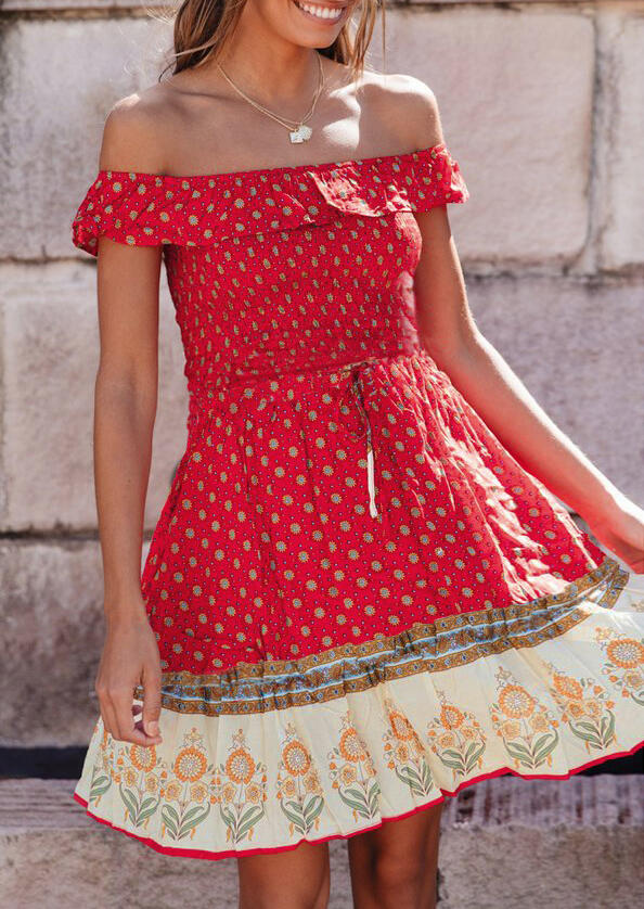 

Mini Dresses Floral Tie Off Shoulder Mini Dress without Necklace in Brick Red. Size: ,M,L