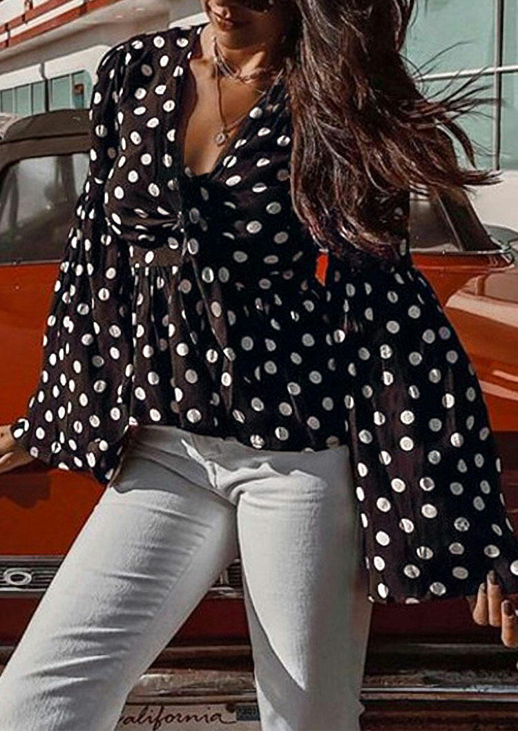 

Black Polka Dot Flare Long Sleeves Blouse Women's Chiffon Tie Knot Front Top