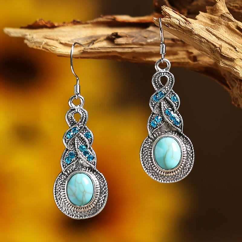 

Rhinestones Embellished Turquoise Pendant Earrings, Silver, 463314
