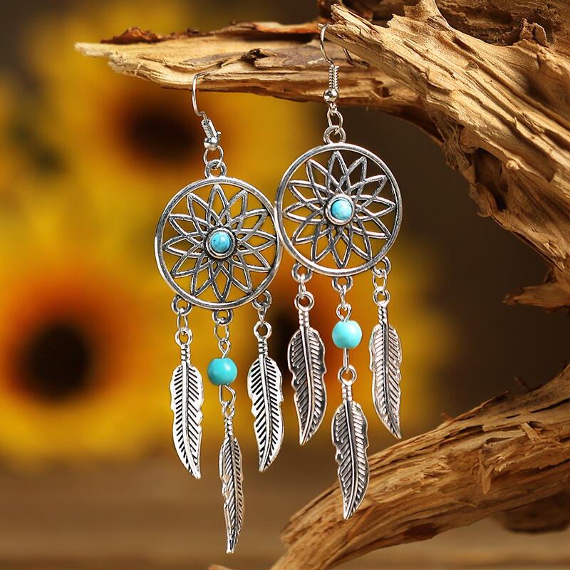 

Hollow Out Turquoise Feather Pendant Earrings, Silver, 463319