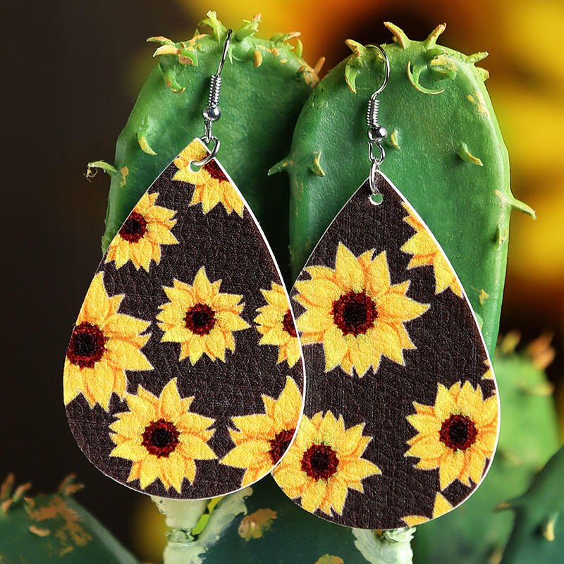 

Sunflower Water Drop Shaped Leather Earrings, Yellow, 463336