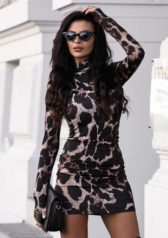 

Women's Leopaed Print Turtleneck Long Sleeve Cocktail Bodycon Mini Dress, Leopard