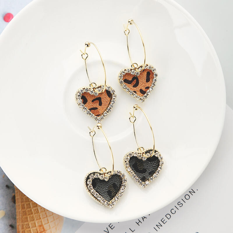 

Earrings Love Heart Rhinestone Leopard Printed Earrings. Size, Black