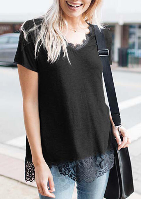 

Blouses Lace Splicing V-Neck Blouse without Necklace in Black. Size