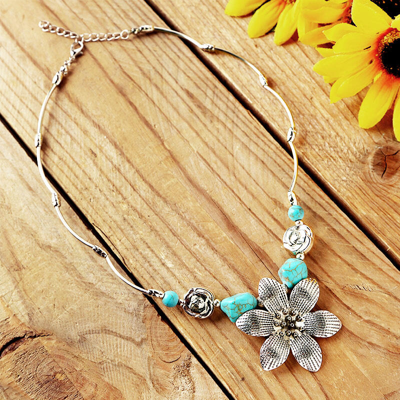

Turquoise Sunfower Pendant Necklace, Silver, 463406