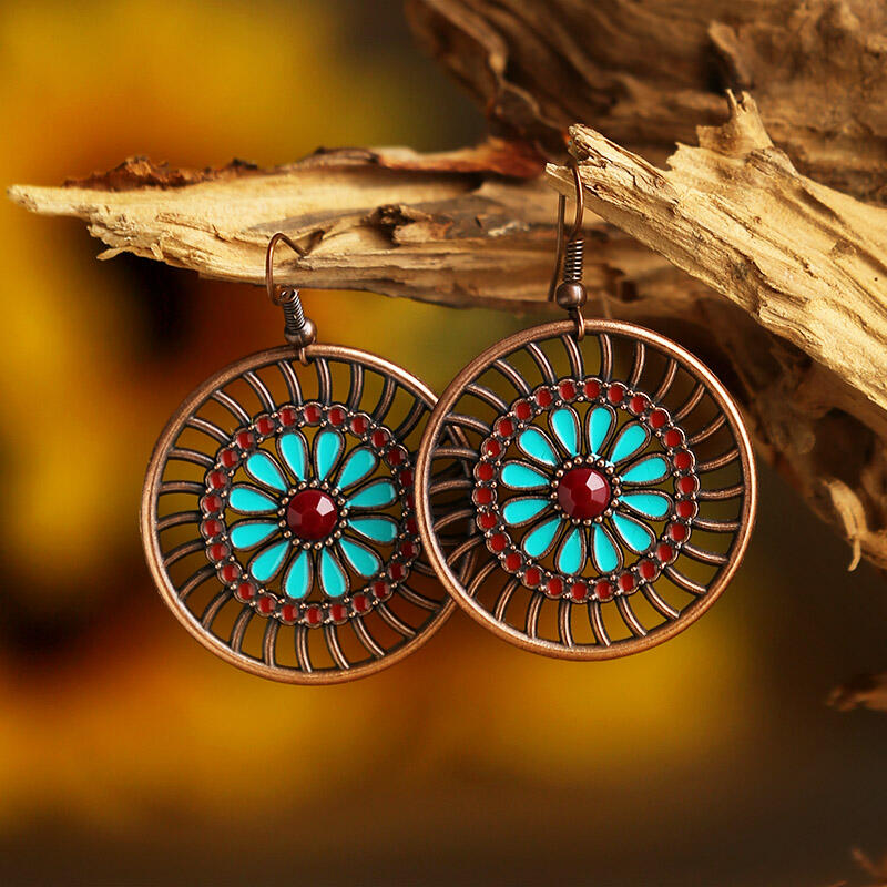 

Vintage Ethnic Hollow Out Sunflower Earrings, Lake blue, 463508