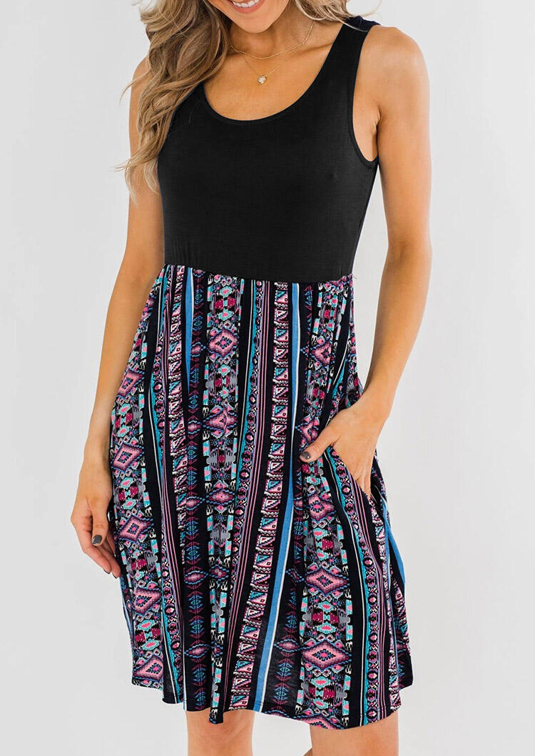 

Mini Dresses Aztec Geometric Printed Pocket Mini Dress without Necklace in Black. Size