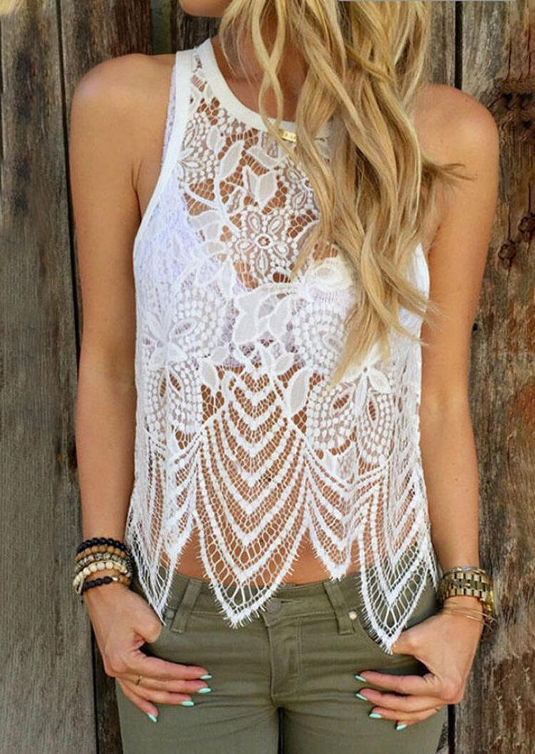 

Tank Tops Lace Splicing O-Neck Tank without Bra in White. Size