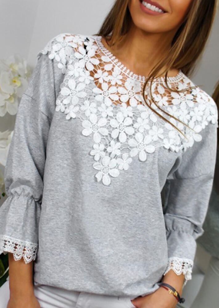 

Blouses Lace Splicing Flare Sleeve Blouse - Light Grey. Size