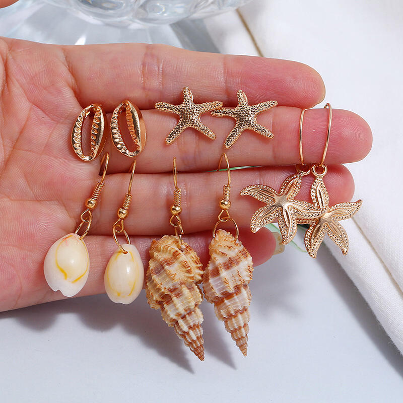 

Shell Starfish Dangle Earrings Set, Gold, 463877