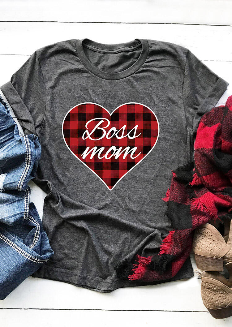 

Plaid Splicing Boss Mom Heart T-Shirt Tee - Gray, 463888