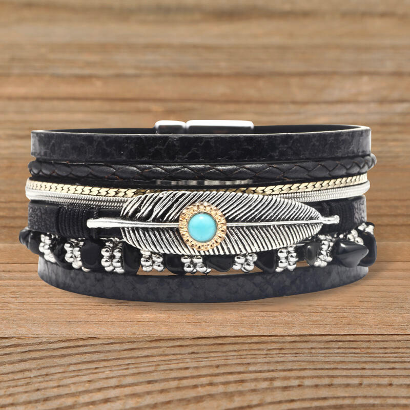 

Vintage Feather Stone Multi-Layer Leather Bracelet, Black;brown;gray, 462276